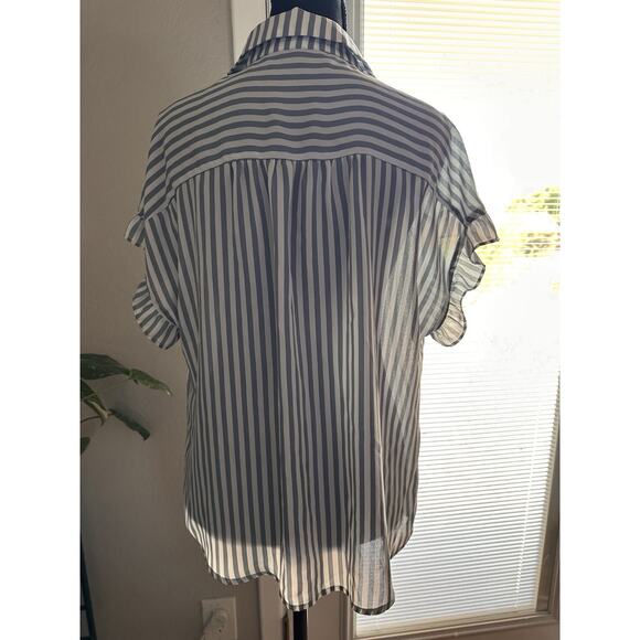 Pleione Blue White Striped Button Down Blouse With Puff Sleeves Business Casual - Picture 5 of 7